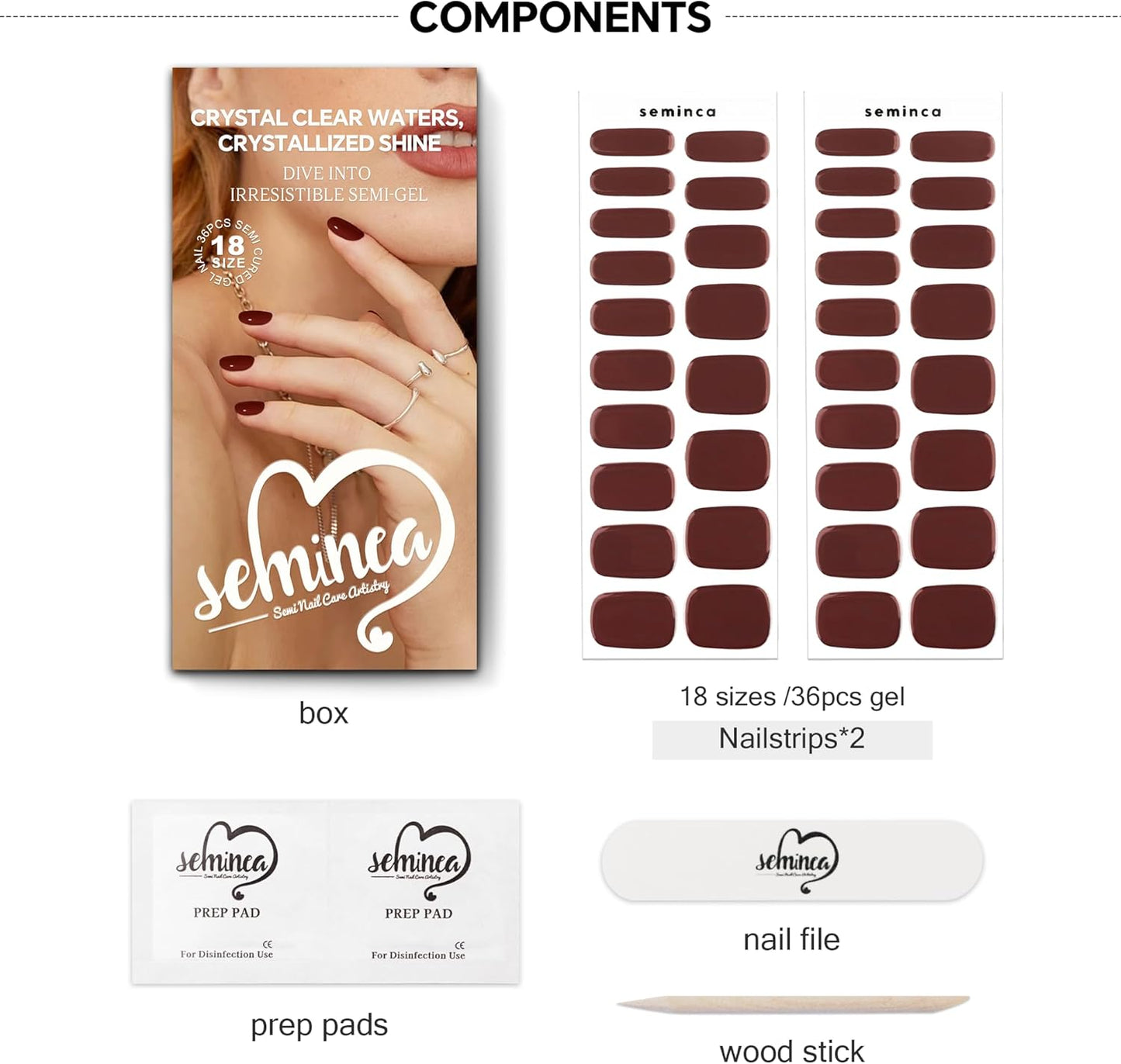 Semi Cured Gel Nail Strips-Sweat Resistant Adhesive,Sports & Shower Safe,Glossy Press Ons,18 Size Designs Works with Any UV/LED Lamps(Chilly)