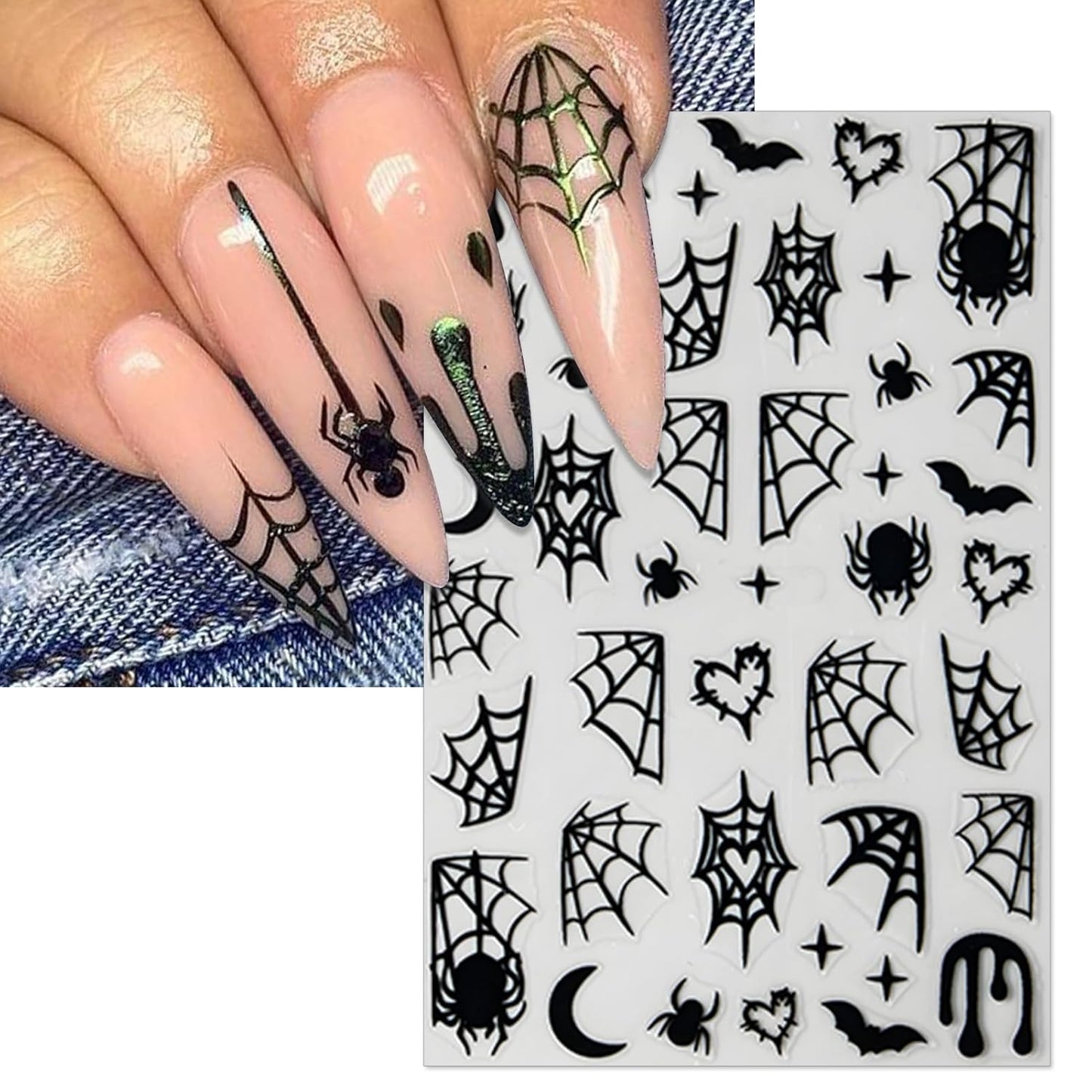 Halloween Horror Nail Stickers, Death Terrifying Face Butterflies Skull Self-Adhesive 3D Nail Art Decals for DIY Black Spider Web Manicure (6 Sheets)
