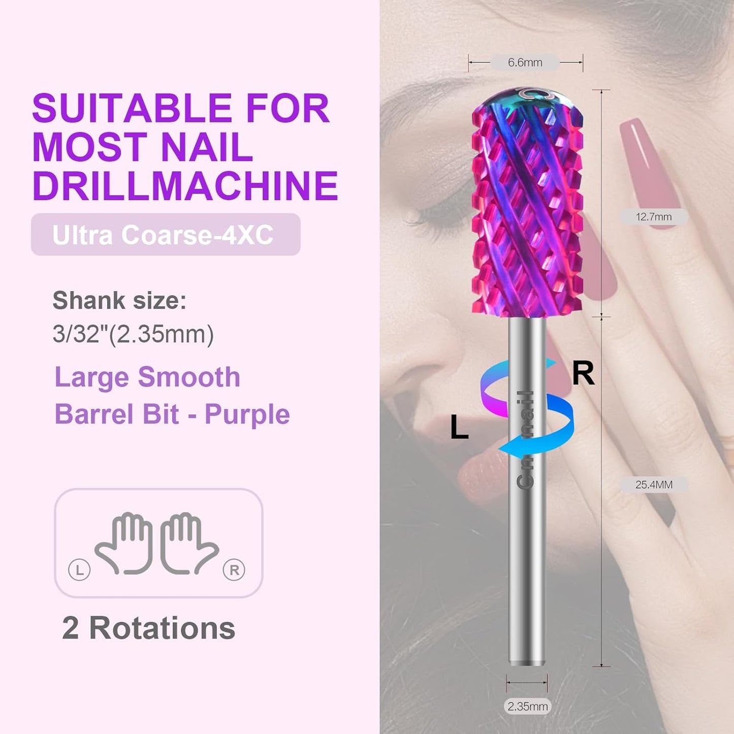 3/32" 2PCS Large Barrel Smooth Round Top Tungsten Carbide Nail Drill Bit Safety Bit for Gel & Acrylic Removal, 2-Way Rotating Efile Tip, Salon Electric File Accessory (4XC Grit, Purple)