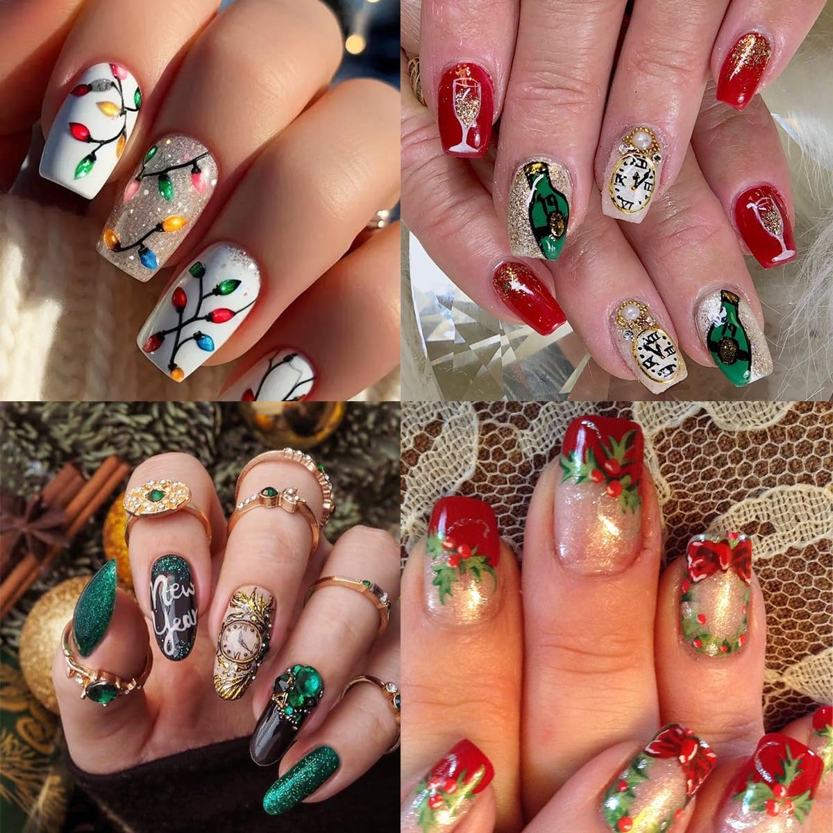 6 Sheets Christmas Nail Art Stickers 2026 New Year Fireworks Clock Xmas Nail Stickers 3D Self-Adhesive Glitter Light Strip Holly Flower Leaf Designs Winter Nail Decals for Women DIY Manicure Supplies