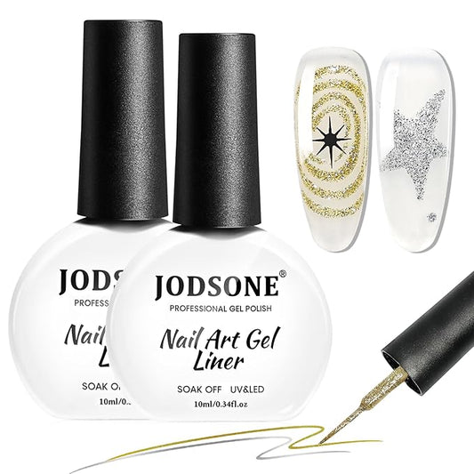 JODSONE 10ml Nail Art Gel Liner Glitter Gold Sliver Gel Nail polish Need U V Lamp Cured with Thin Brush at Home DIY Gift for Girls