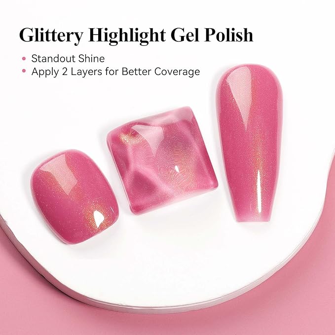 Shimmer Gel Nail Polish, Pink Color Holographic Glitter Jelly Gel Polish Soak Off UV Neutral Nail Polish Gel for Nail Art Salon at Home, 12ML