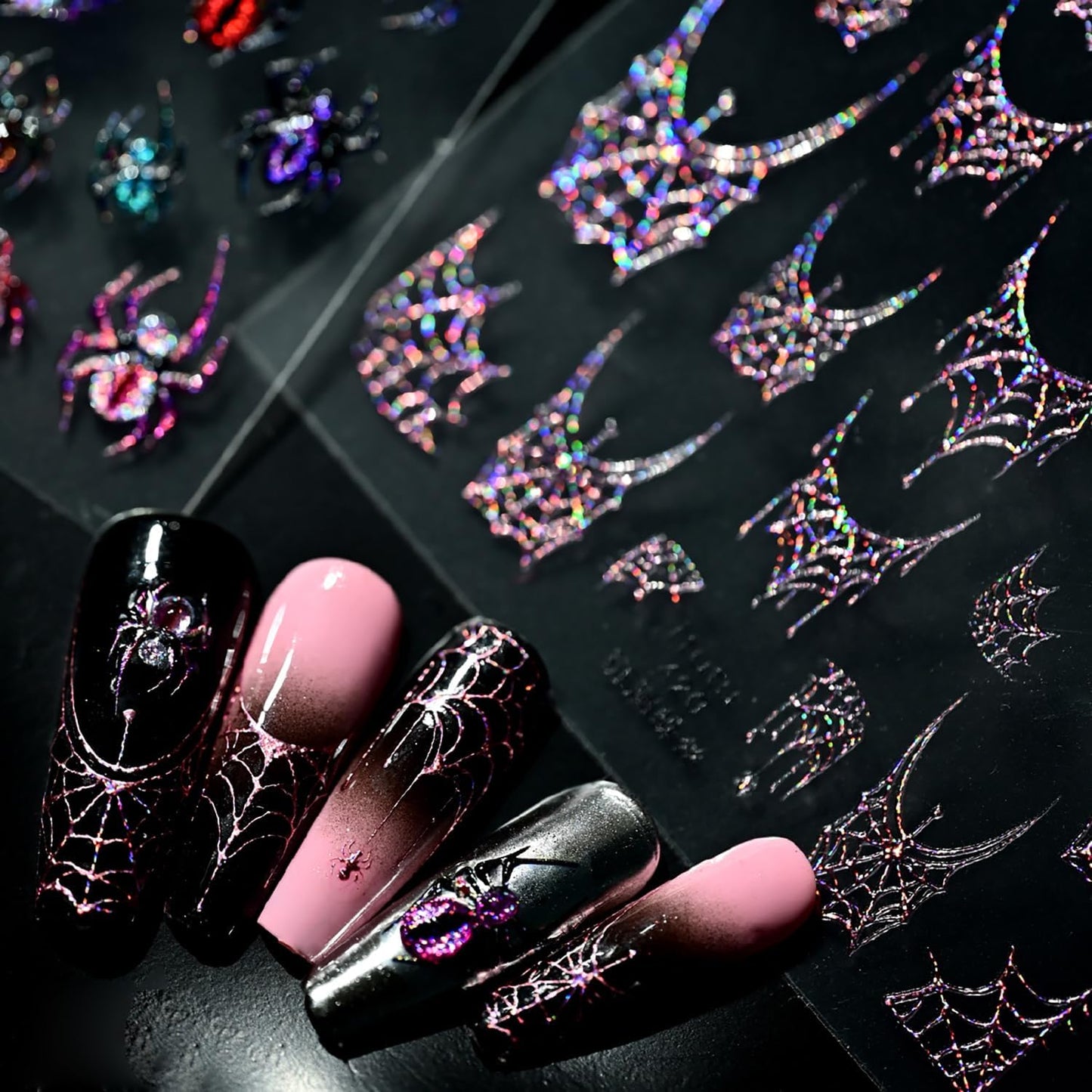 1 Sheets Halloween Nail Stickers for Nail Art 5D Self-Adhesive Embossed Pink Spider Web Nail Art Stickers Halloween Spider Web Nail Decals Glitter Nail Design Sticker for Women DIY Nails Decoration