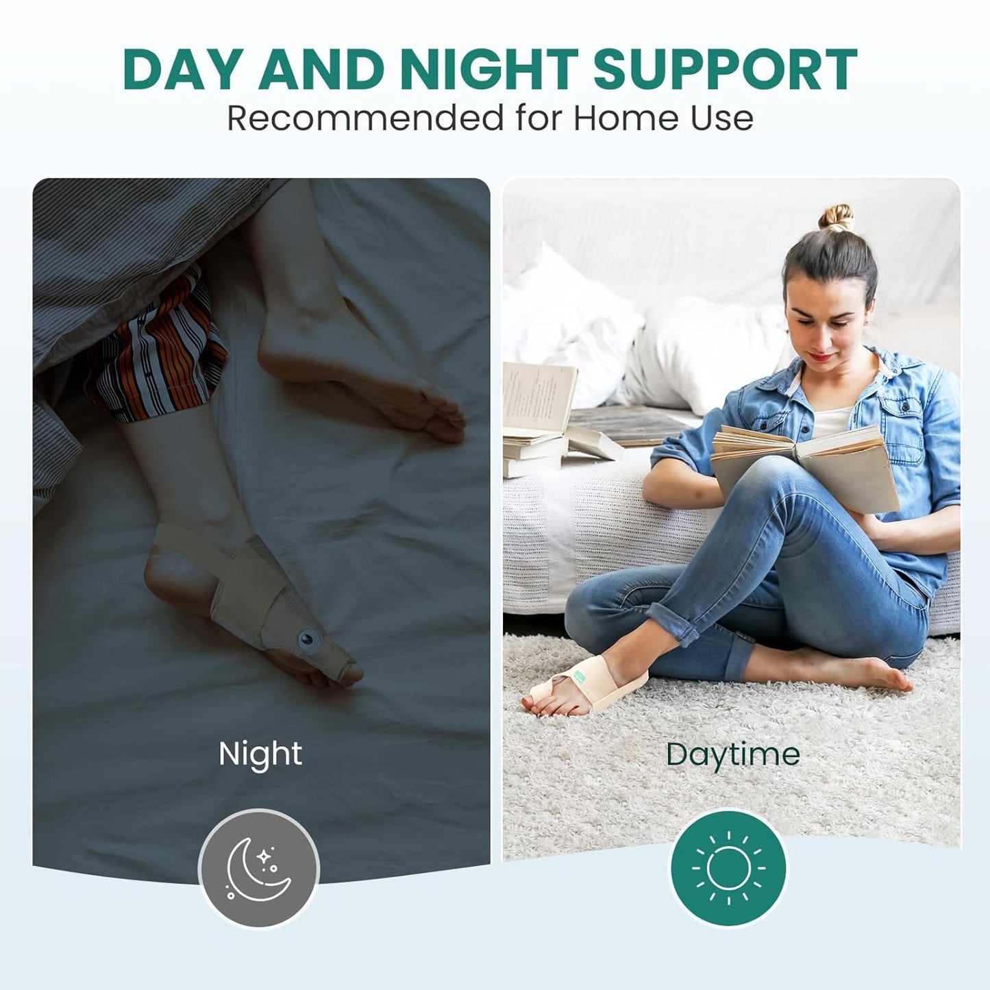 Welnove Bunion Corrector - Orthopedic Bunion Splint - Big Toe Separator Pain Relief - Bunion Correction Toe Straightener with Non-slip Strap, Day Night Support (Beige, 2 Count) - With 2 Gel Separators