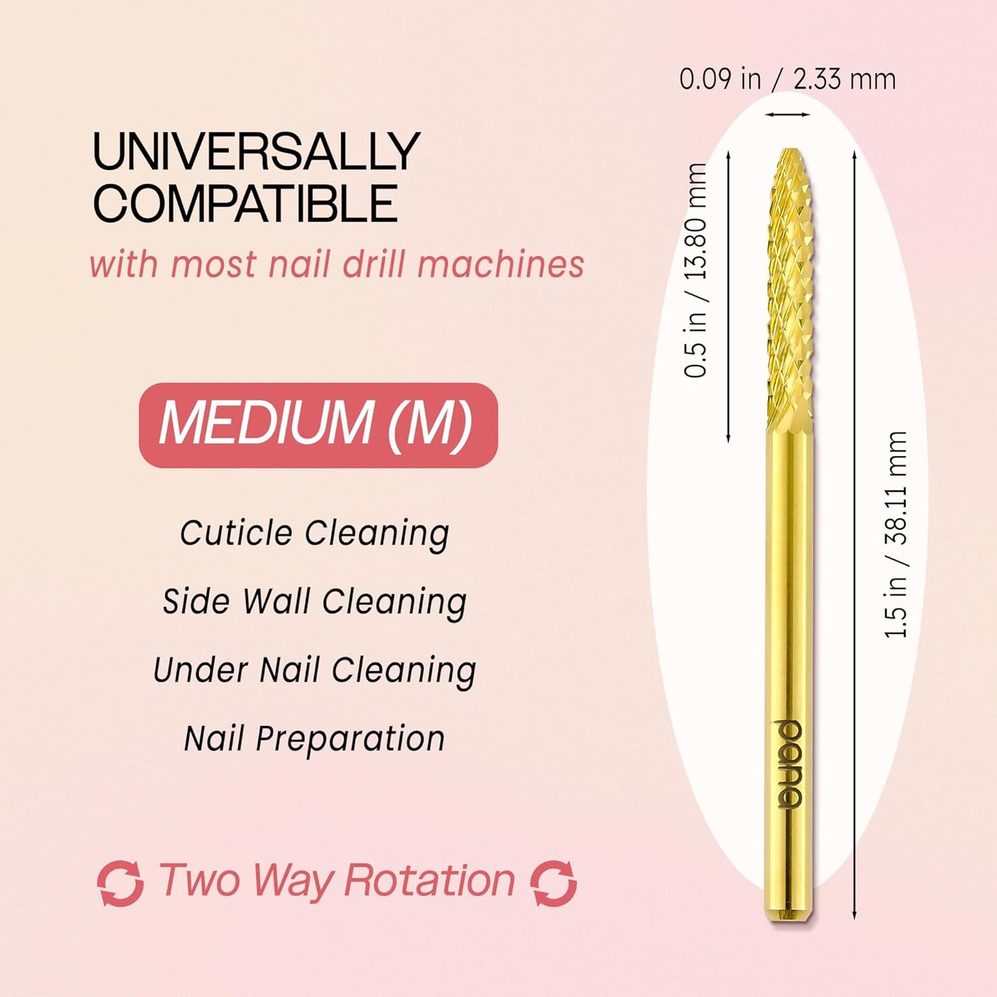 PANA 3/32" Carbide Cuticle Nail Drill Bit for Cuticle Cleaning, Dead Skin Removal, Gel Polish & Acrylic Removal, Under Nail Cleaner, Nail Salon, Manicure Tools (UNC - Gold, Medium)