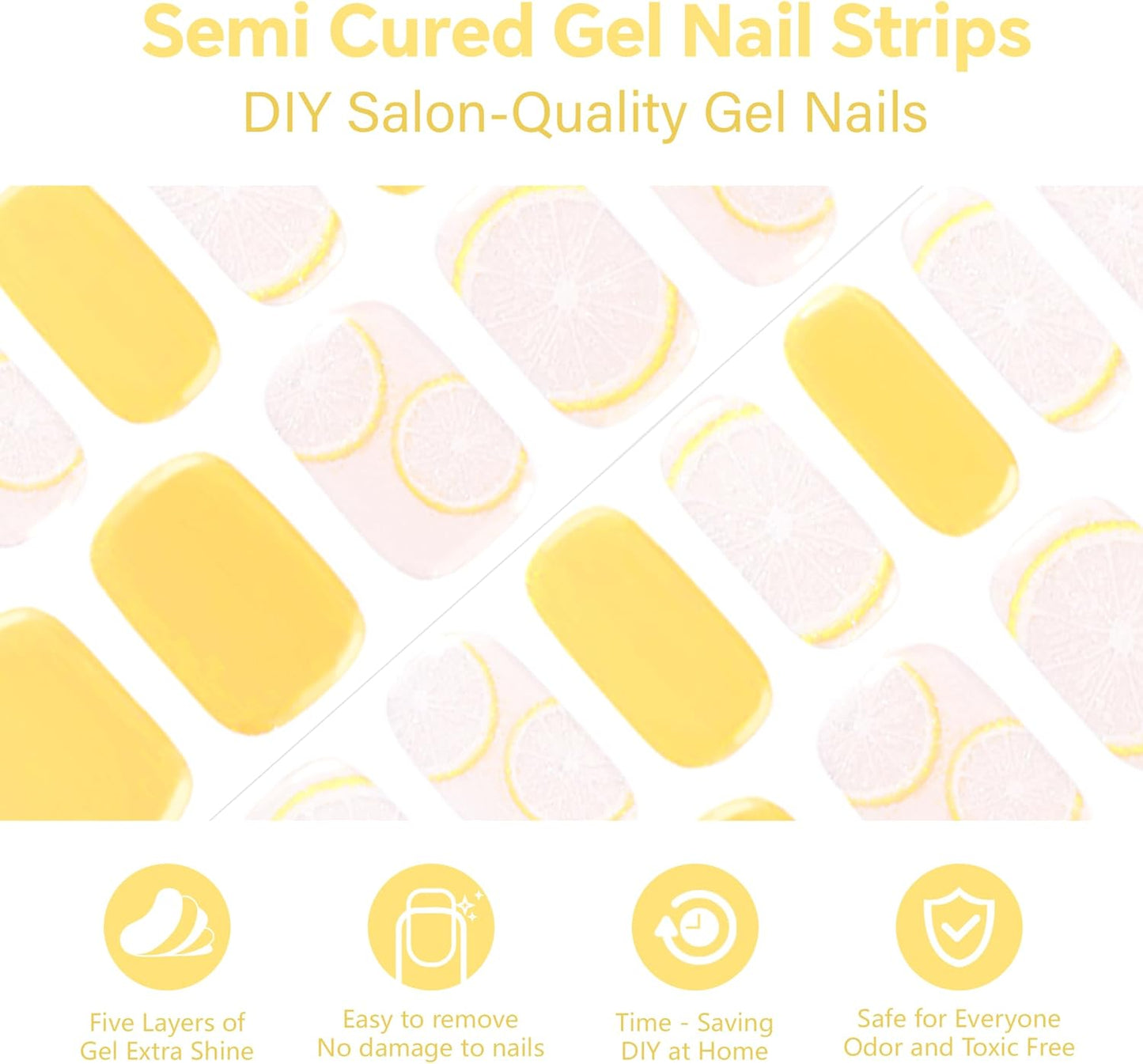 Semi Cured Gel Nail Strips-Salon Quality Semi-Cured Gel Press On Nails Stickers Quick DIY Nail Art Manicure Kits for Women at Home Works with Any UV/LED Lamps(Lemon Summer)