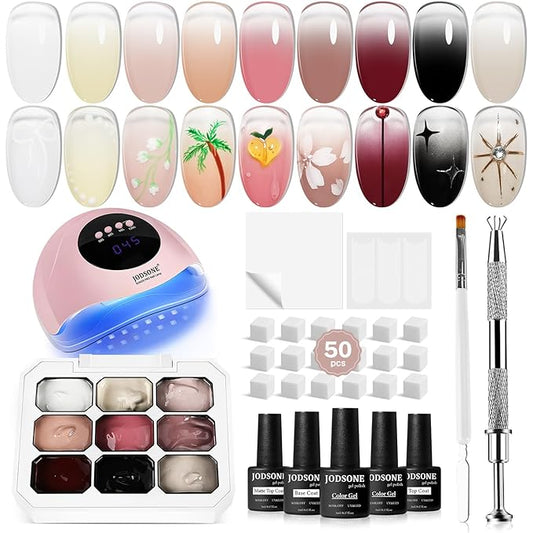 JODSONE 9 Colors Gradient Patting Gel Nail Polish Kit with U V Nail Lamp with 50 PCS Nail Sponges and Grabbing Pen