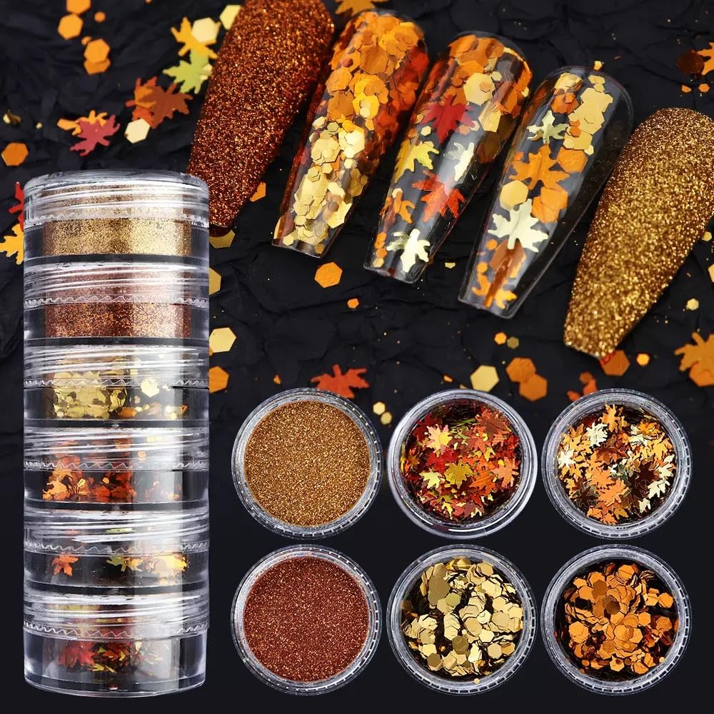 Fall Nail Art Glitters Sequins, 12 Boxes Maple Leaf Nail Art Decoration Flakes 3D Leaf Nail Decals Gold Orange Nails Art Designs Holographic Thanksgiving Day Glitters for Nails Decorations