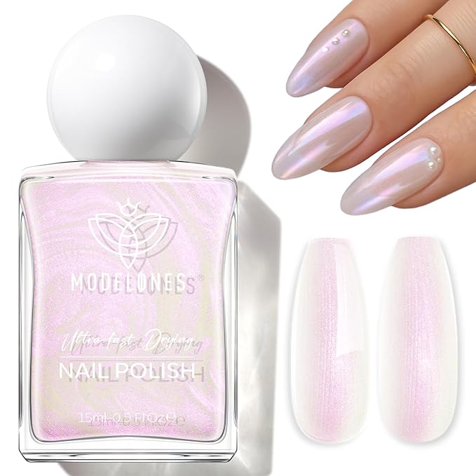modelones Pearl Nail Polish, 15 ml Quick Dry Chrome Nail Polish Holographic Iridescent Shimmer Long Last Toe Fingernail Polish Nail Art Manicure Gift for Women Girls 0.5 Fl Oz