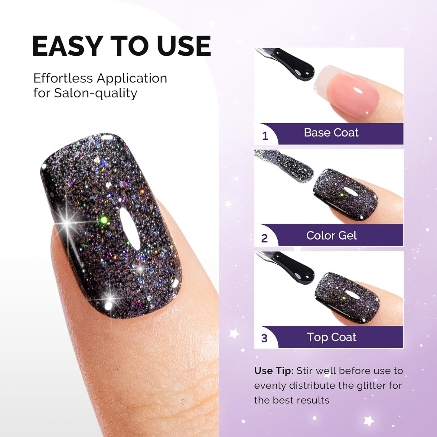MelodySusie Galaliver Glitter Gel Nail Polish, 15ML Sparkly Shimmer Gel Polish Soak Off UV LED Cured Long Lasting Gift for Women DIY Nail Design Nail Art Manicure Colorful Black X10