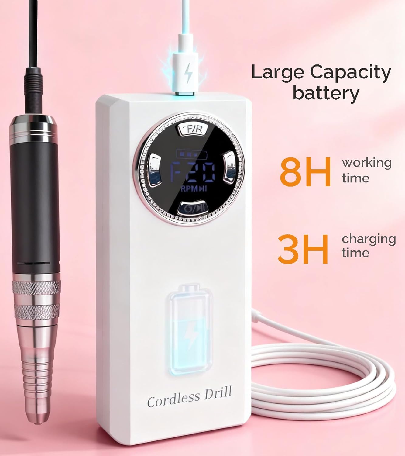 Lumcrissy 40000RPM Professional Electric Nail File Kit - Rechargeable Cordless Nail Drill for Acrylics Gel Nails, Portable Efile Machine with 6 Bits for Home Salon Manicure Pedicure Care (White)