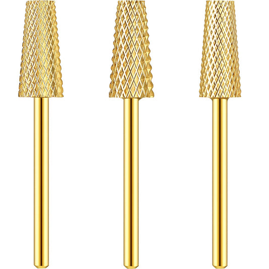3 Pieces Tapered Barrel Carbide Nail Drill Bit, 3 Sizes Carbide Nail Drill Bit Acrylic File Cuticle, Art Tools for Gel Manicure Pedicure(XF, F, M,Gold)