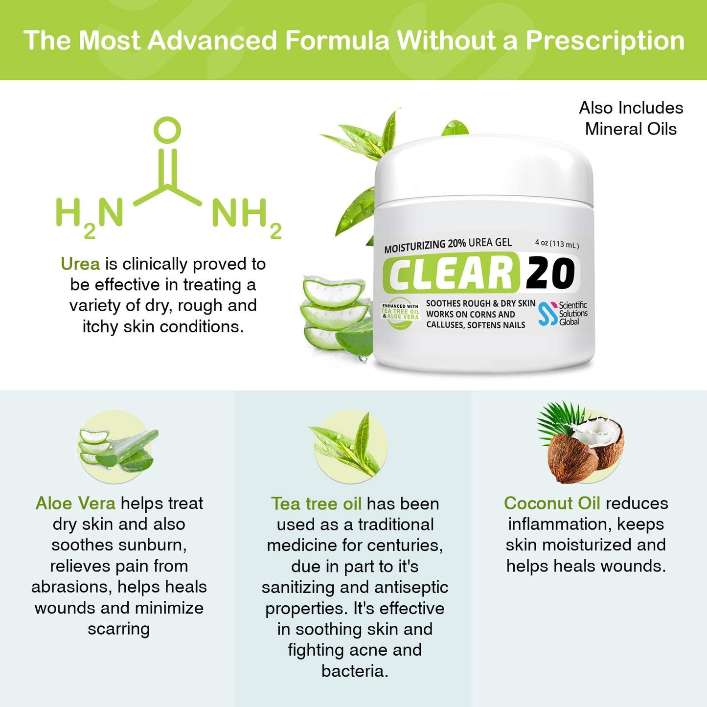 CLEAR 20, 20% Urea Gel, 4 oz w/ Tea Tree & Coconut Oil, Aloe Vera Extract, Callus & Corn Remover Moisturizes & Softens Cracked Heels, Feet, Elbows, Hands, Nails, Superior hydration to Urea Creams