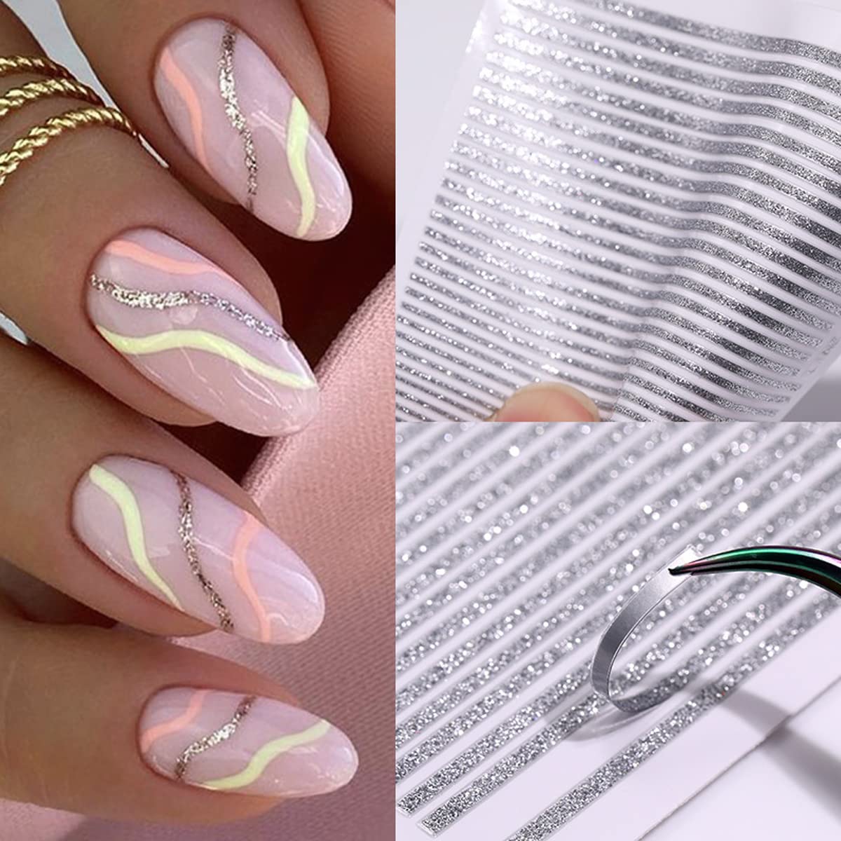 6 Sheets 3D Glitter Lines Nail Art Stickers - Gold Metallic Supplies, Metal Decals, French Effect Silver Design, Simple Line Glitter Sticker for Women DIY Decoration