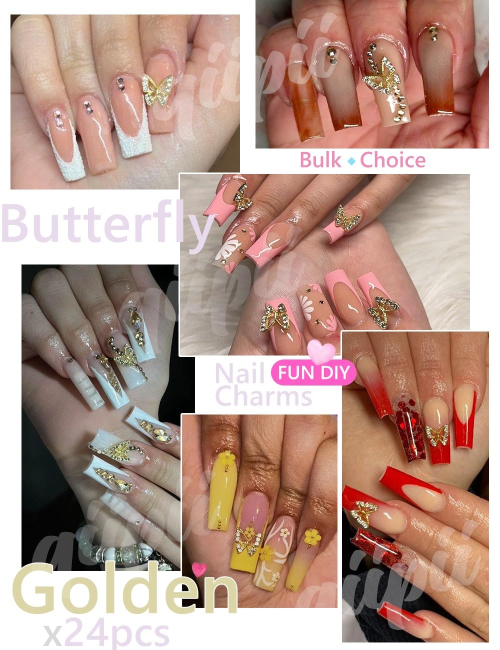 24pcs Golden Butterfly Nail Charms Bulk 3D Charms for Acrylic Nails, Gold Butterflies Nail Rhinestones Charms Nail Alloy Studs Art Jewels Diamonds Gems Decor Supplies for Nails Face Makeup DIY