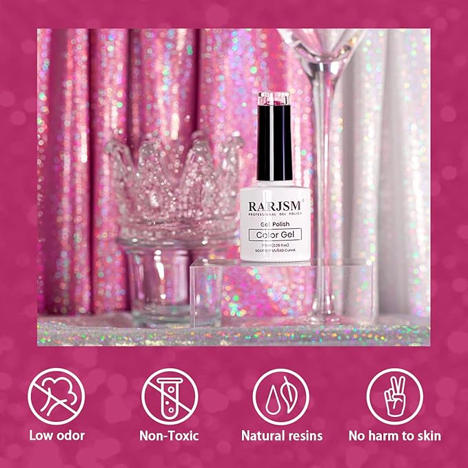 RARJSM Reflective Glitter Gel Nail Polish Sparkling Diamond Neon Pink Gel Polish Holographic Iridescent Shimmer L E D U V Soak Off Sparkle Hot Pink Gel Polish Nail Art Manicure Salon DIY at Home
