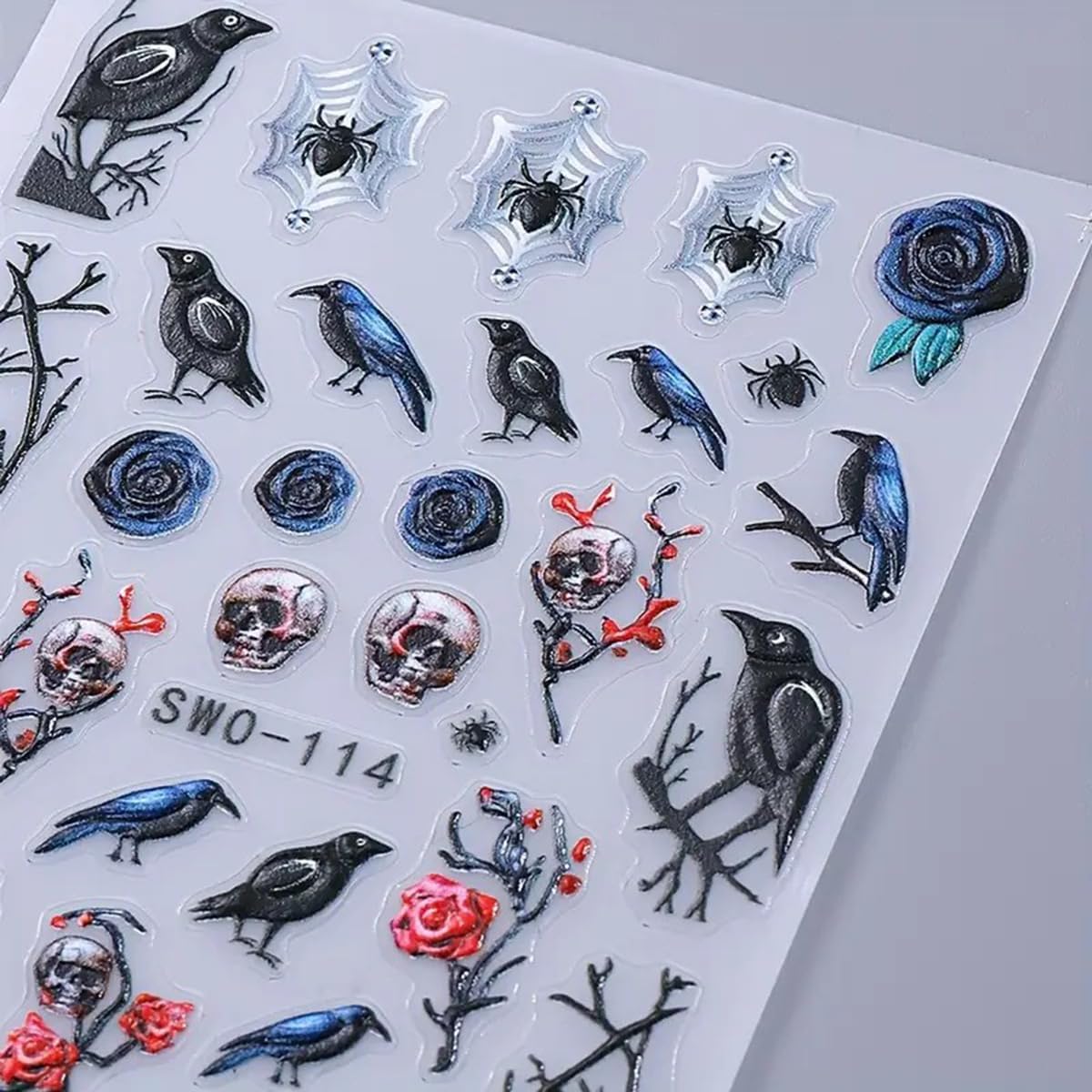 Halloween Nail Art Stickers 5D Embossed Halloween Nail Decals 3PCS Skulls Birds Roses Spider Self-Adhesive Nail Design Nail Art Supplies Holiday Nail Stickers for Women Girls DIY Manicure Decorations