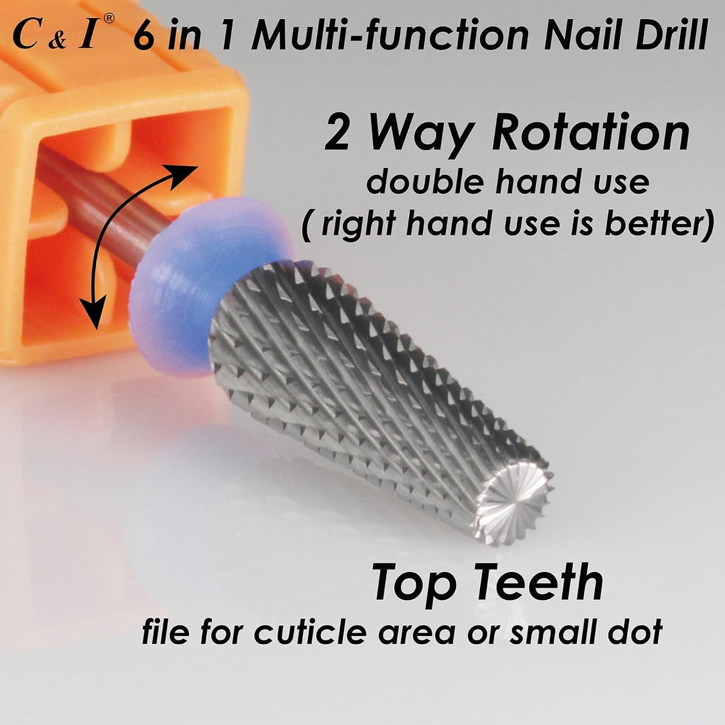 C & I Nail Drill Bit 6 in 1 Multi-function Rounded End E File, Tungsten Steel CNC Overall Cutting, Manicure Tool for Nail Tech Quick Remove Nail Gels, Acrylic Nails (Original, Middle -M)