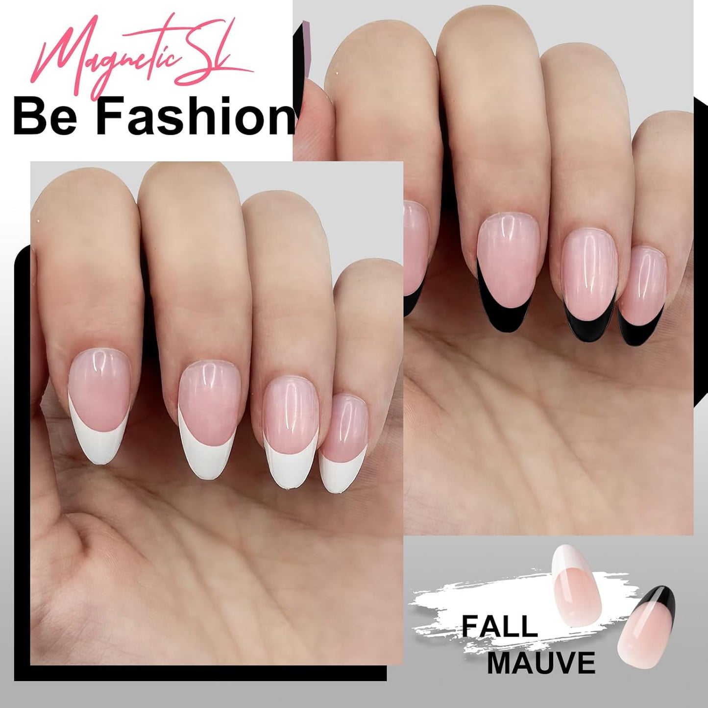 64PCS Press On Nails Black & White French Tip- Short Almond Shape with Classic Accents | Dual-Color Fake Nails for Women | Reusable, Chip-Free Nail Kit with Complete Tools