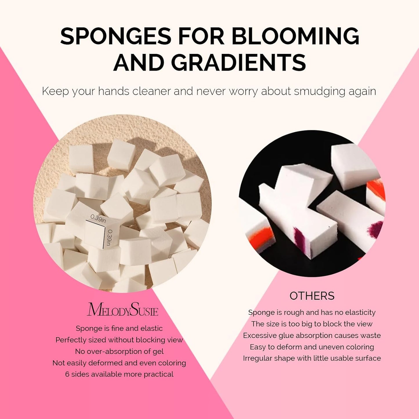 MelodySusie 100Pcs Soft Nail Sponges for Ombre, Nail Art Sponges With Grabbing Pen, Blooming Nails, Gradient Nail, Manicure Nail Art Tools, Professional Accessories Supplies for Home and Salon Use