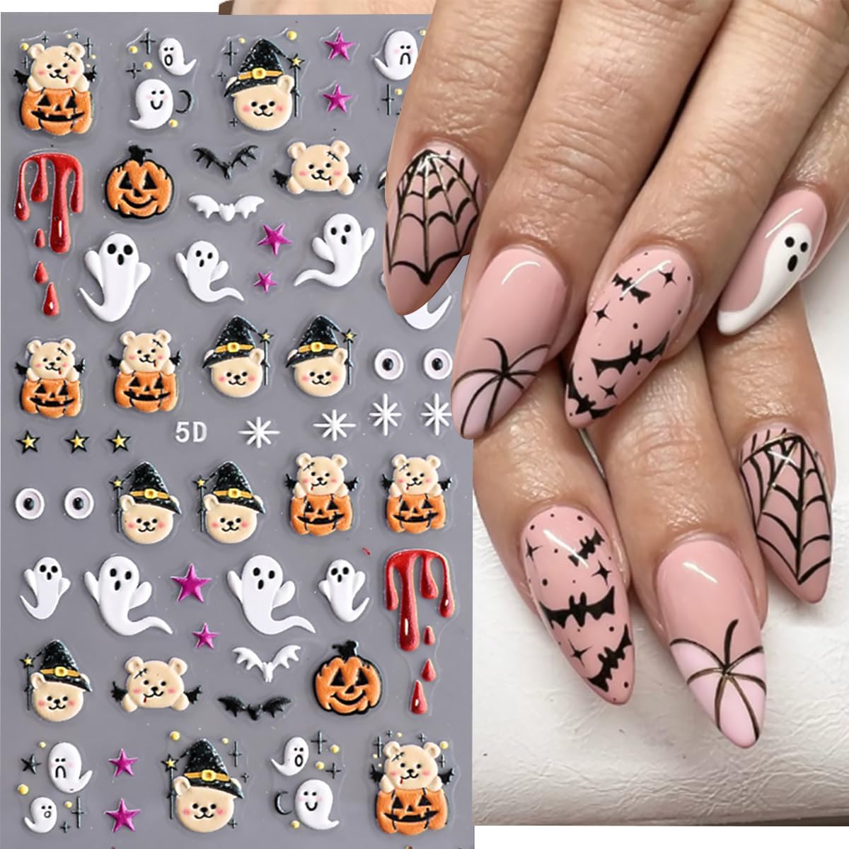 3 Sheets Halloween 5D Embossed Nail Art Stickers Cute Ghost Spider Wed Nail Decals Self Adhesive Gothic Pumpkin Skull Nail Stickers Glitter Gold Nail Design Decals Holiday Nail Decoration for Women