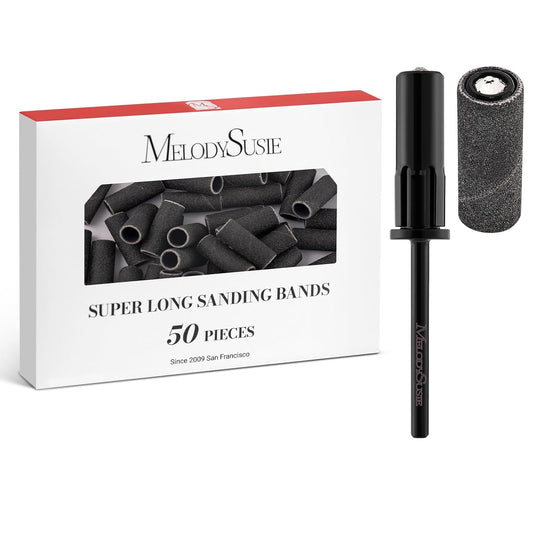 MelodySusie 50 Pcs Nail Drill Bits Super Long Sanding Bands with 6.65mm Crystal Mandrel Bit, 180 Fine Grit Nail File for Acrylic Nails Gel Manicures and Pedicure, Black