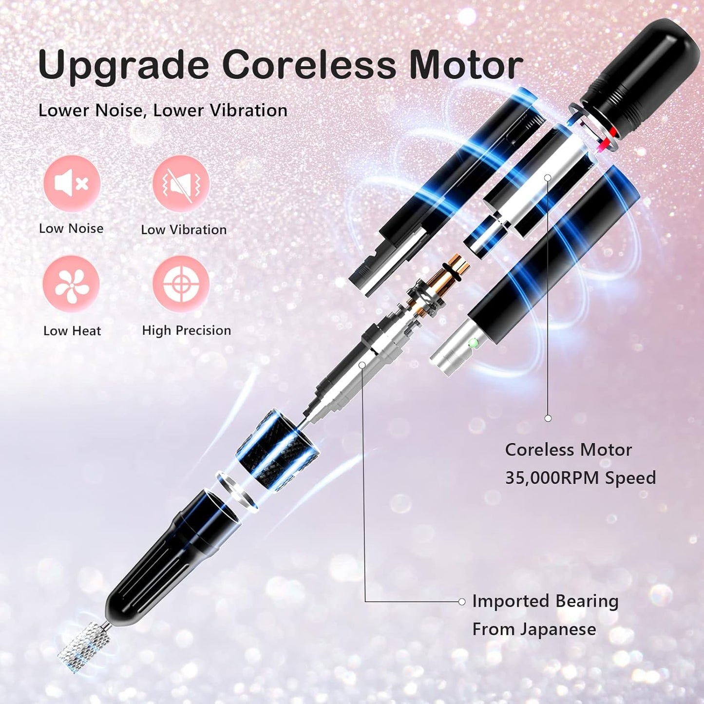 Professional Nail Drill Machine, Lavinda 35000RPM Electric Nail File for Acrylic Gel Nails, Cordless Portable Nail Drill Kit with Coreless Motor, Manicure Pedicure Shape Tools (Diamond, Pink)