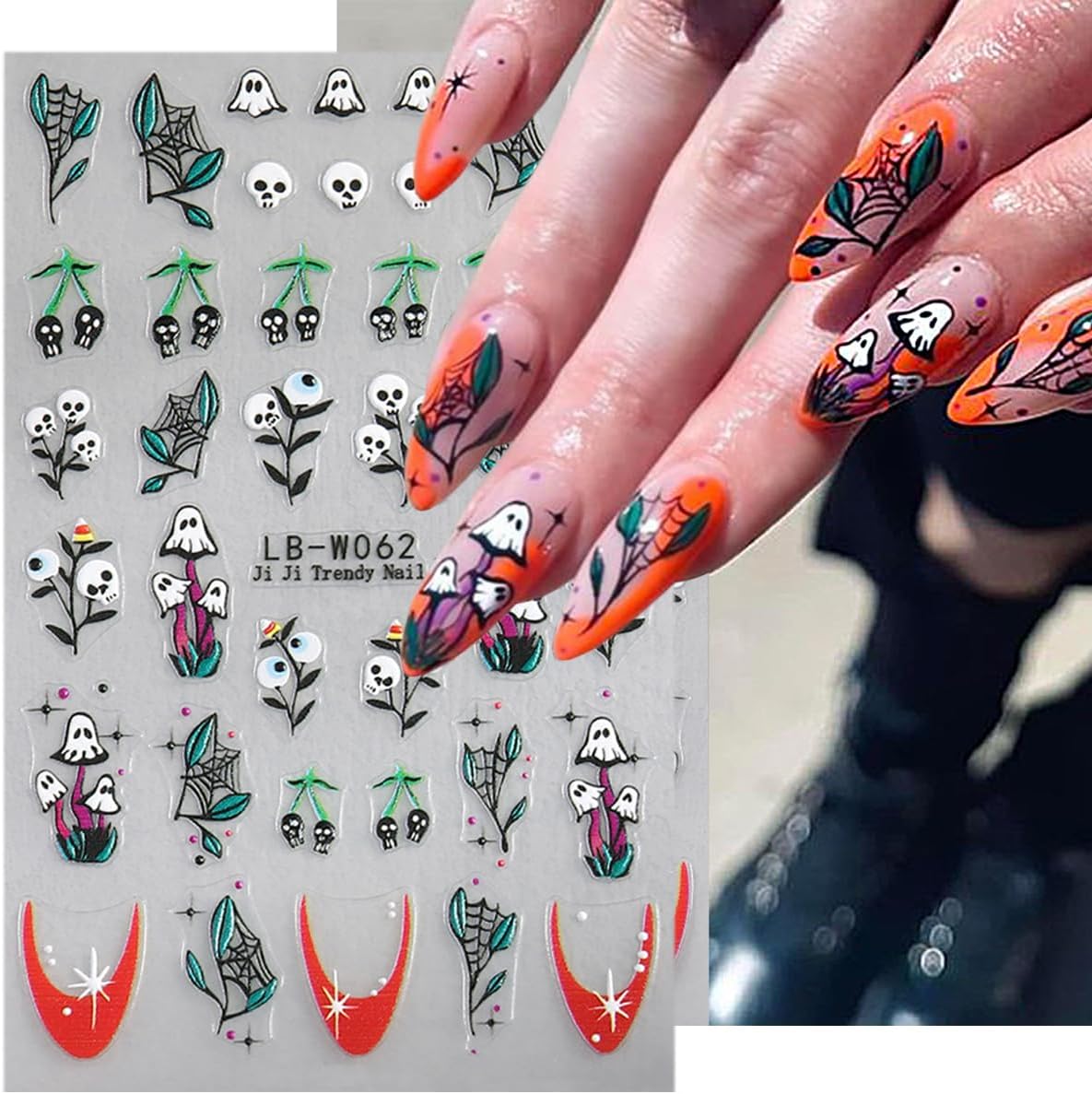 5 Sheets Halloween Nail Art Stickers Horror Skull Flower Nail Stickers Scary Embossed Ghost Spider Web Nail Decals 5D Self-Adhesive Strawberry Spider Nail Decoration for Women Girls Nail Designs