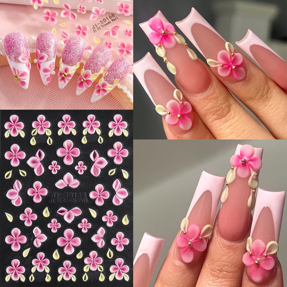 Flower Nail Art Stickers Decals 5 Sheets Pink White Colorful Summer Floral Leaf Blossom 5D Embossed Nail Decals Self-Adhesive Nails Supply Manicure Sliders for Women Girls DIY Nail Art Decorations