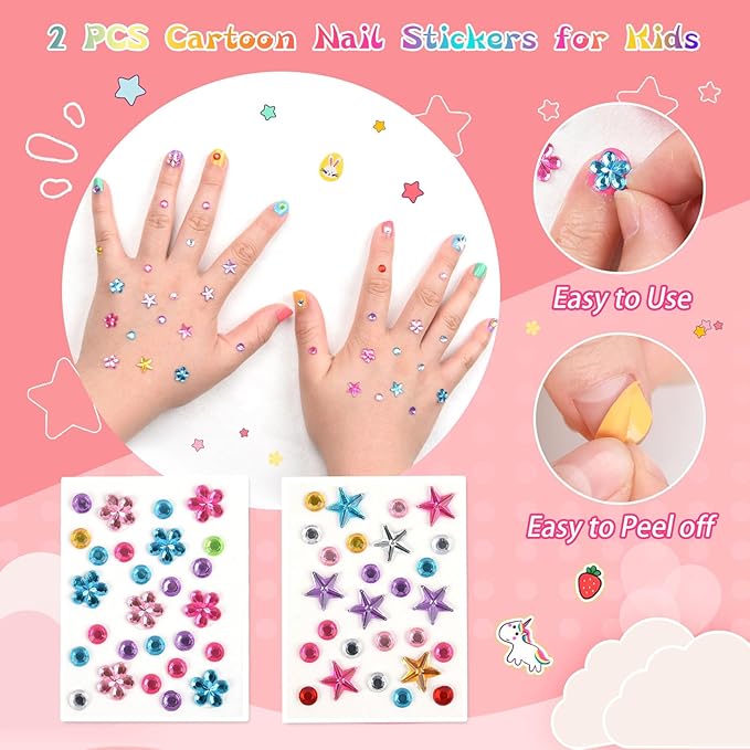 wakaniya Kids Non Toxic Nail Polish Set for Girls with Gems Nail Stickers, 7 Color Peel-Off Low Odor Nail Polish for Toddler