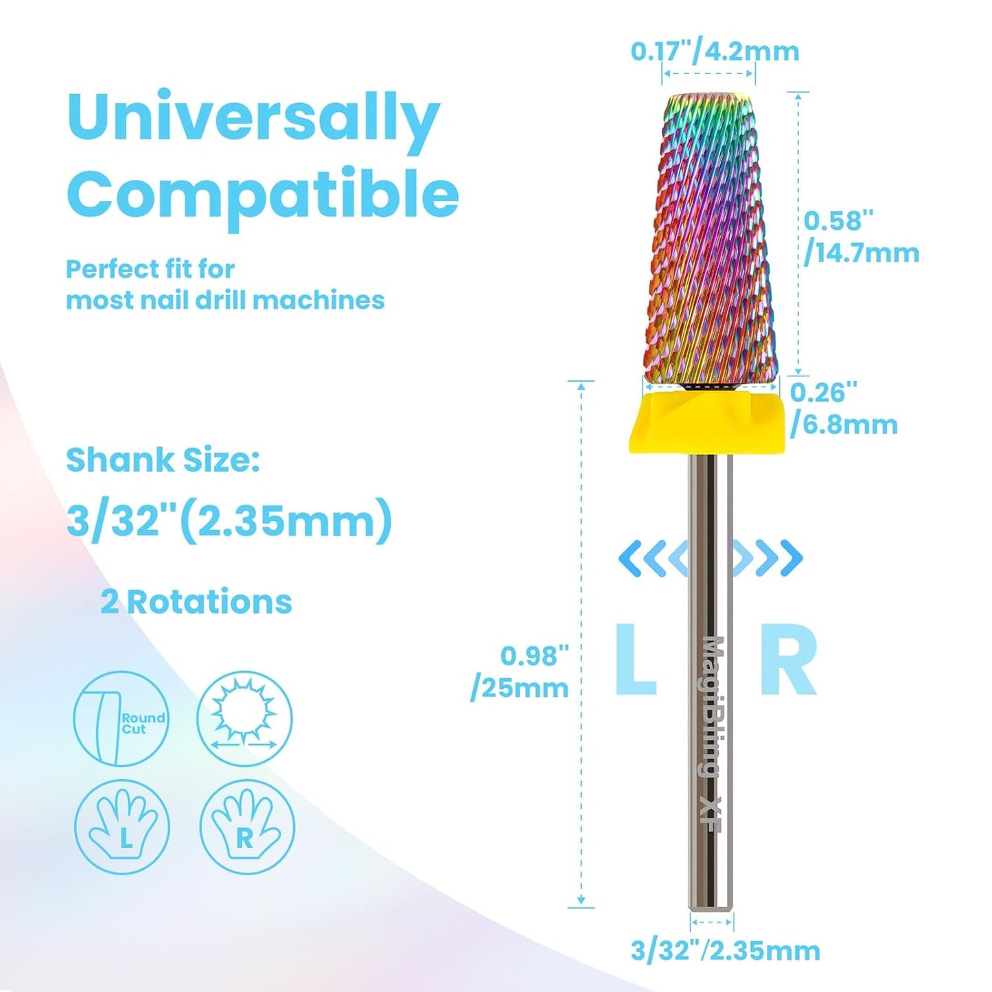 Professional XF 5 in 1 Tapered Nail Drill Bits, 3/32'' Safety Tungsten Carbide Bits, Remove Hard Gel Fast, Left & Right Hand Use, Easy for Beginner, Technicians Bits, Extra Fine.