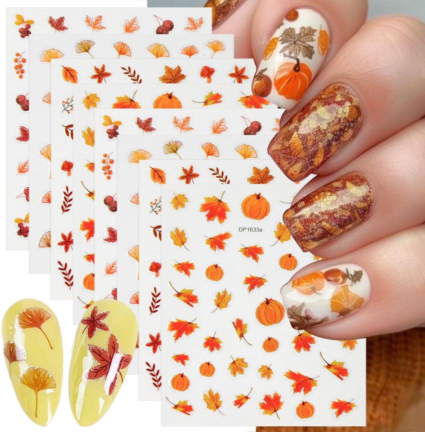 8 Sheets Fall Nail Stickers 3D Self-Adhesive Maple Leaf Nail Art Stickers for Nail Art Pumpkins Leaf Nail Design Autumn Nail Decals Thanksgiving Nail Art Supplies for Women Acrylic Nails Decoration