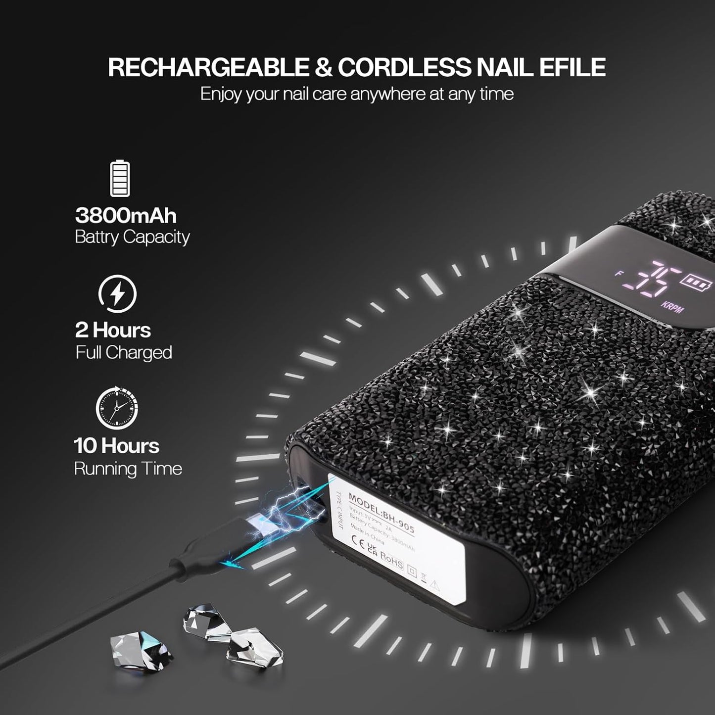 Lavinda Professional Electric Nail Drill Kit, 35000RPM Cordless Portable Machine for Acrylic Gel Nails, Rechargeable E File With Black Rhinestones, Manicure Tools (Black)