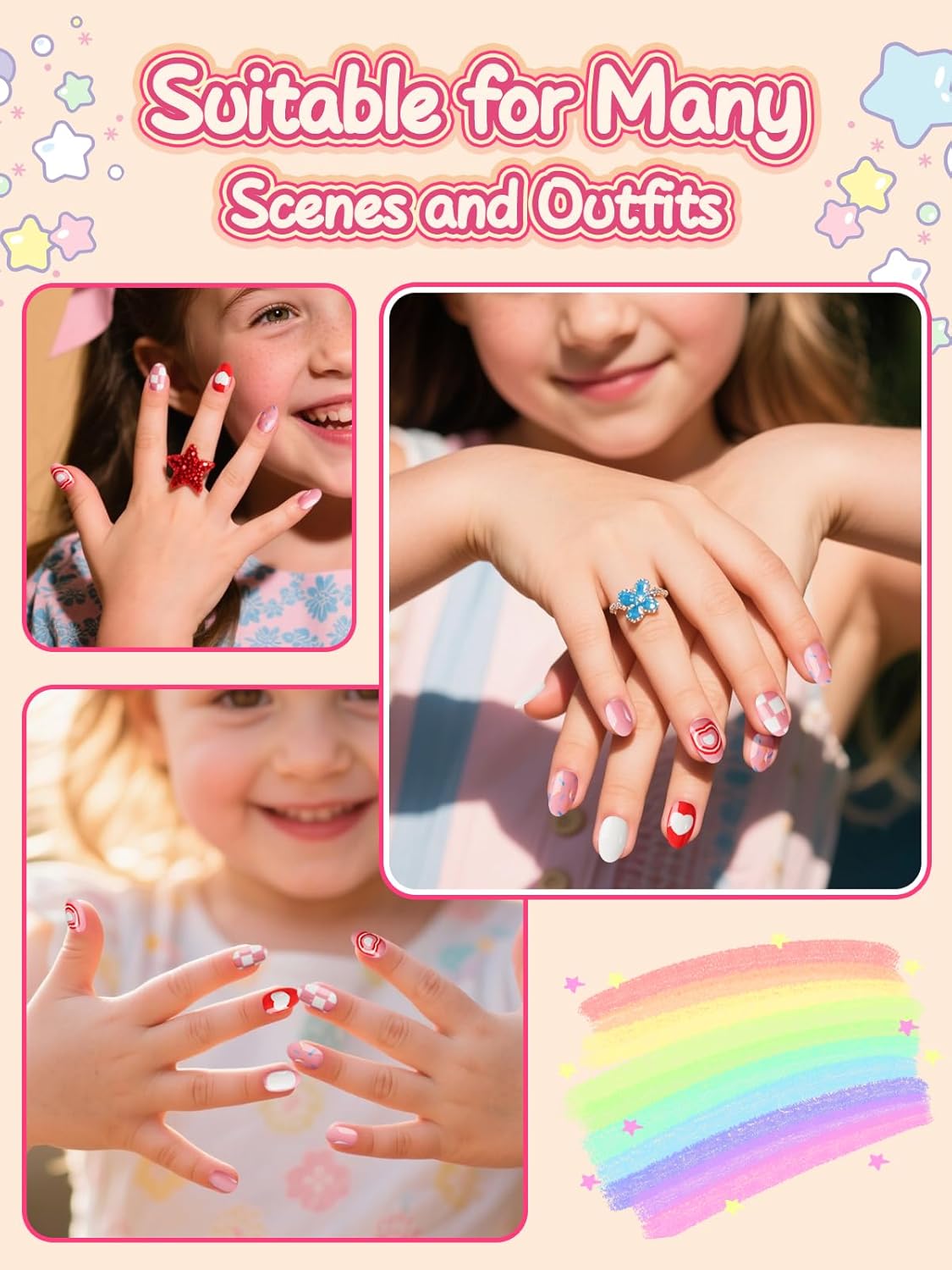 26 Pcs Kids Press on Nails Set, EBANKU Fake Nails for Girls 5-12 Years Pink Grid Heart False Nails with Nail Glue, Short Full Cover Press on Nails Tip for Child