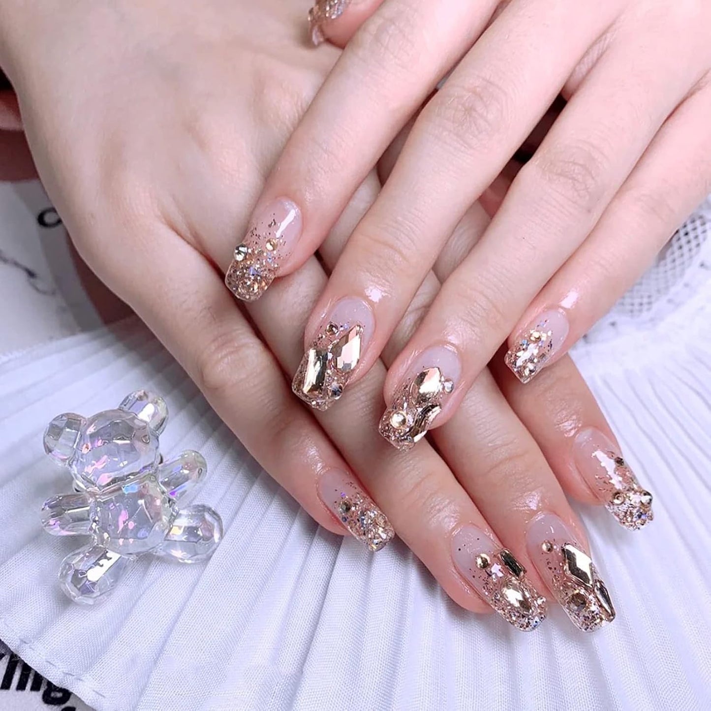 3120 Champagne Diamond Nail Rhinestones, HOINCO Crystal Nail Rhinestones, 3D Mixed Size Crystal AB Flat Bottom Gemstone for Nail Art DIY Craft Decoration with Crayon Tweezers