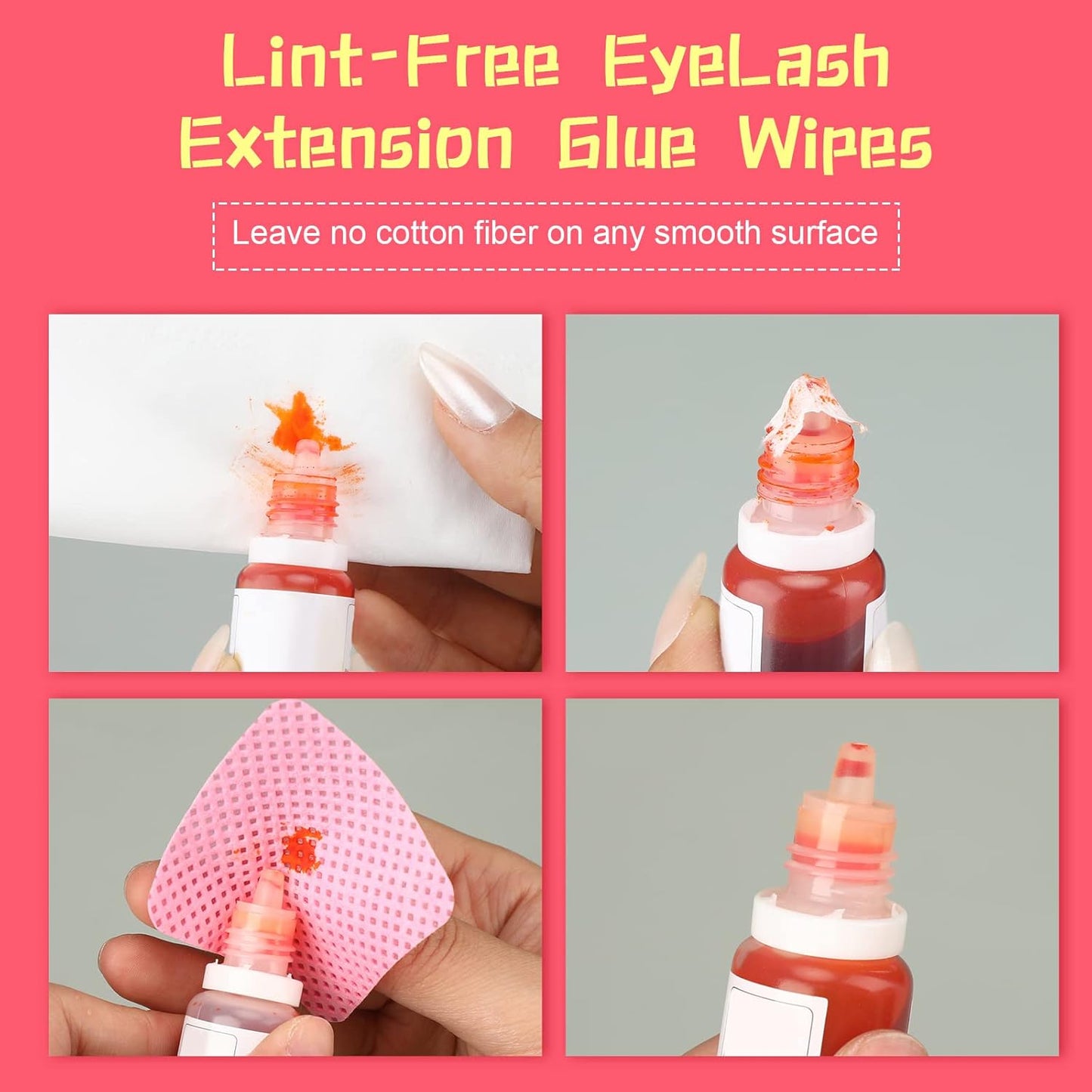 Maitys 1000 Pieces Eyelash Extension Glue Wipes Eyelash Glue Cleaner Non Woven Fabric Wipes Lash Supplies Accessories Tools for Extension Nail Polish Bottle(Rose Red)