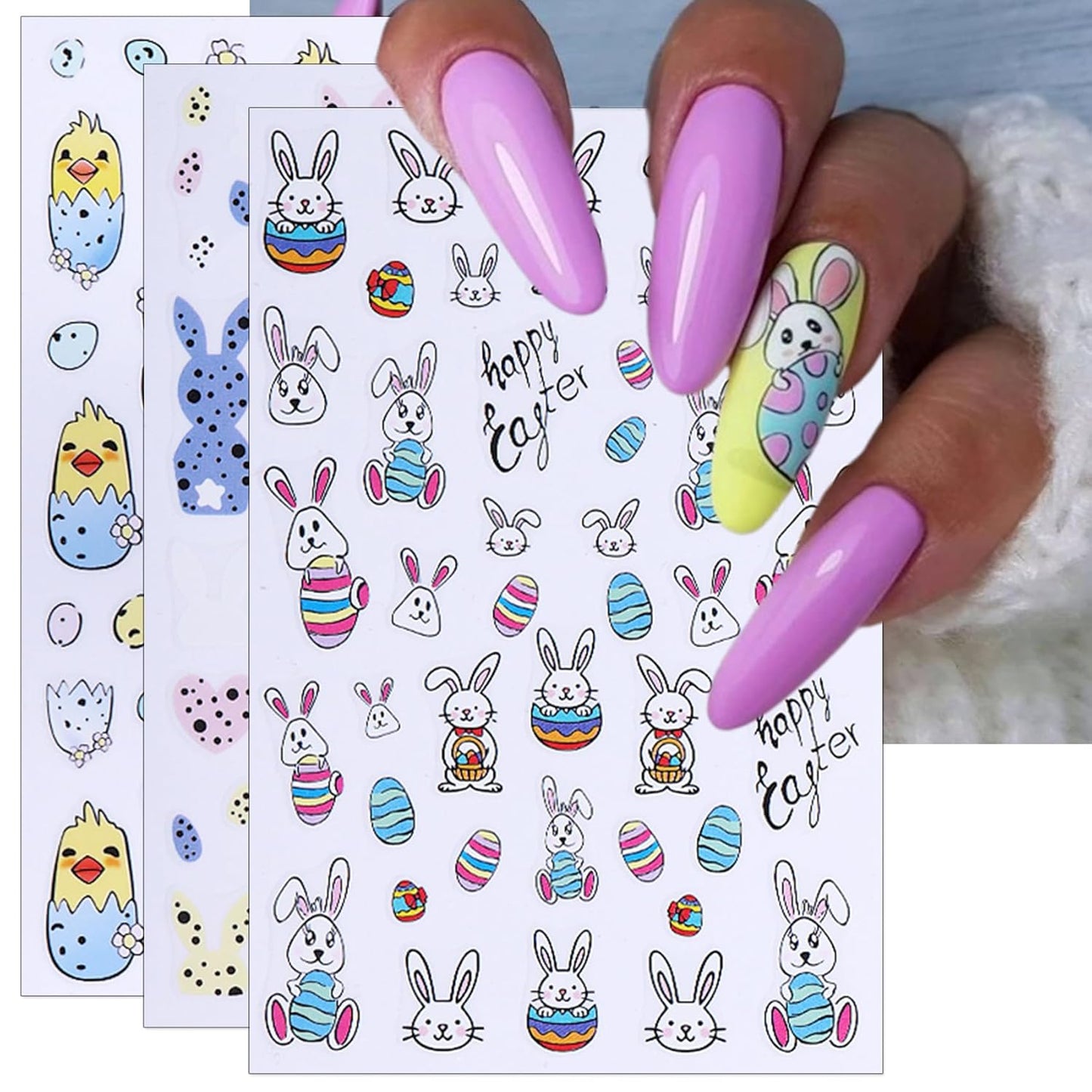 Easter Nail Art Stickers - Bunny Eggs Chick Self-Adhesive 3D Nail Decals for DIY Spring Holiday Floral Rabbits Carrot Manicure (3 Sheets)
