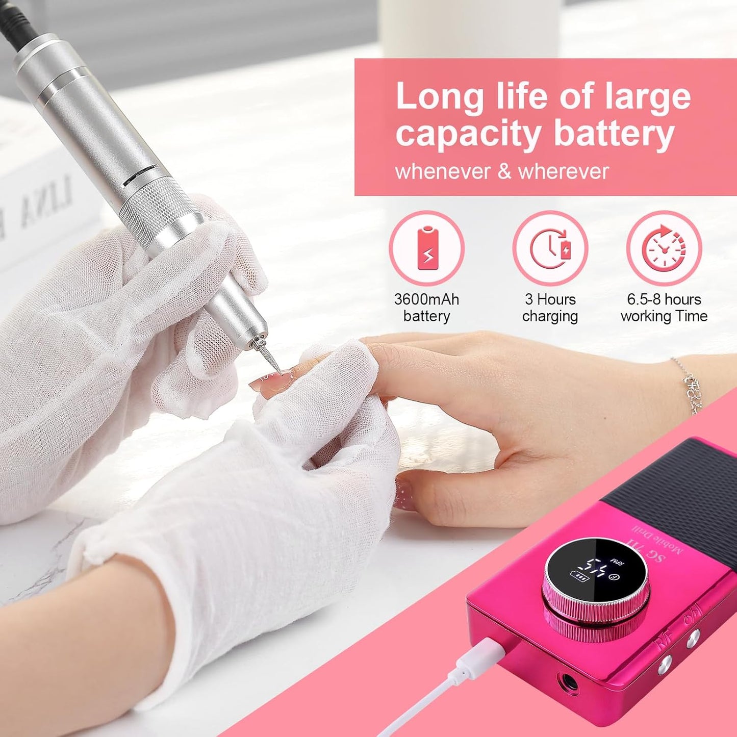 Electric 45000RPM Nail Drill Machine Rechargeable Portable Nail File Electric DIY Nail Drill Kit with Smart LCD Screen for Gel Nail Manicure and Pedicure Reflective Body etc (RED)