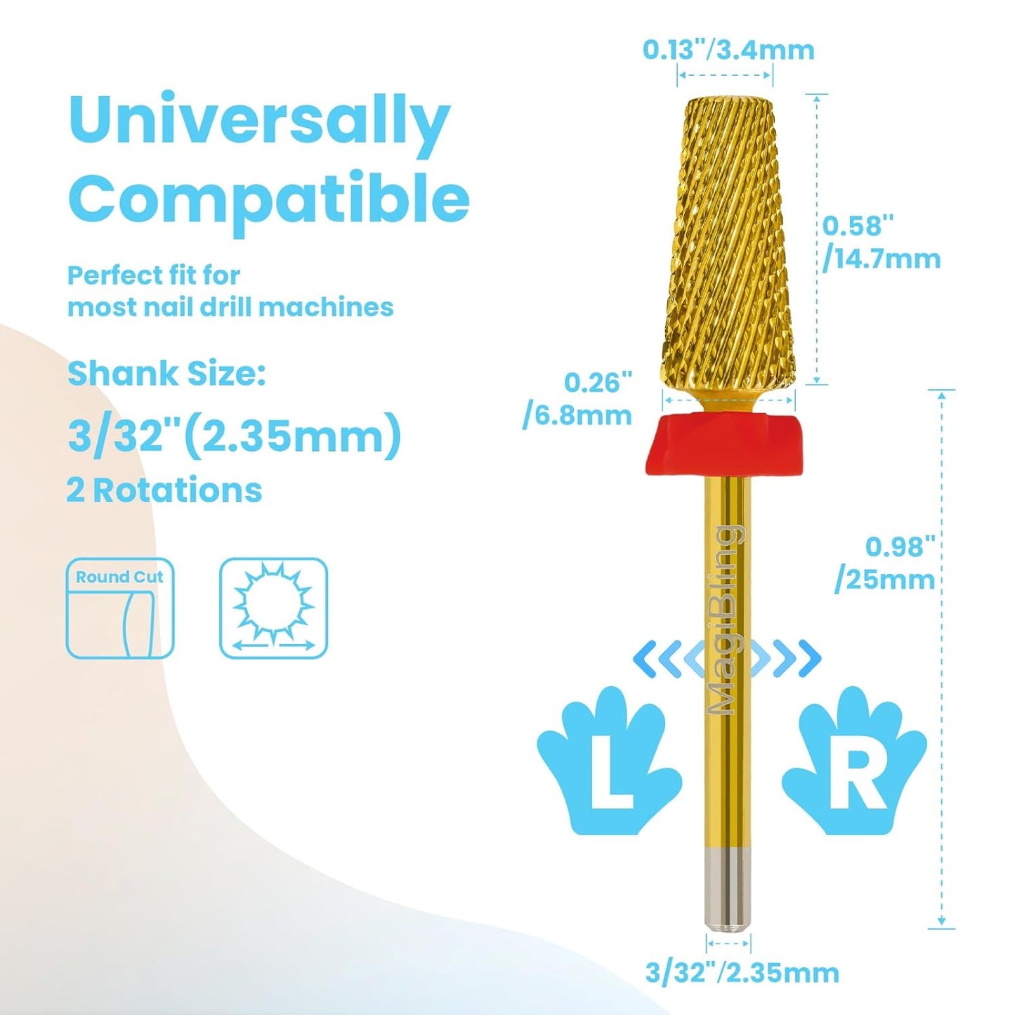 Professional 5 in 1 Tapered Nail Drill Bits, 3/32'' Safety Tungsten Carbide Bits, Remove Gel Fast Left & Right Hand Use, Easy for Beginner, Technicians Bits, Gold, Fine.