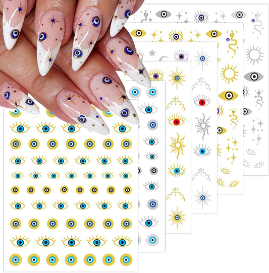6 Sheets Halloween Eye Nail Art Stickers 3D Self Adhesive Gold Silver Nail Stickers Gothic Eye Nail Decals Star Sun Nail Art Supplies Halloween Holiday Nails Supply for Women DIY Manicure Kit