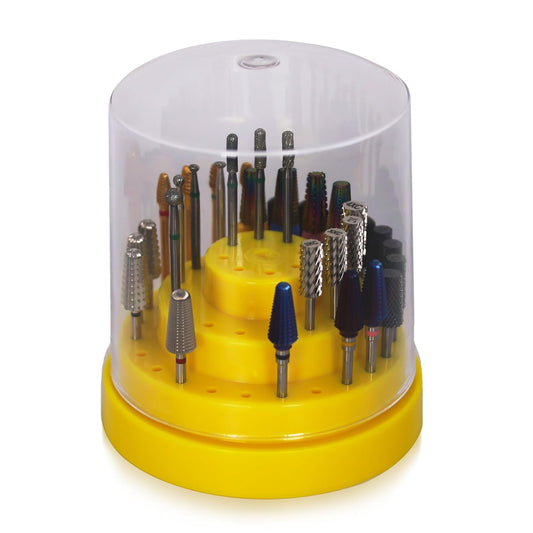 PANA Round Cake Tier Nail Drill Bit Holder Display Organizer Case - Dustproof Carbide Bit Storage Container Box For Manicure Tools Nail Salon - 48 Holes Yellow (Drill Bits Not Included)