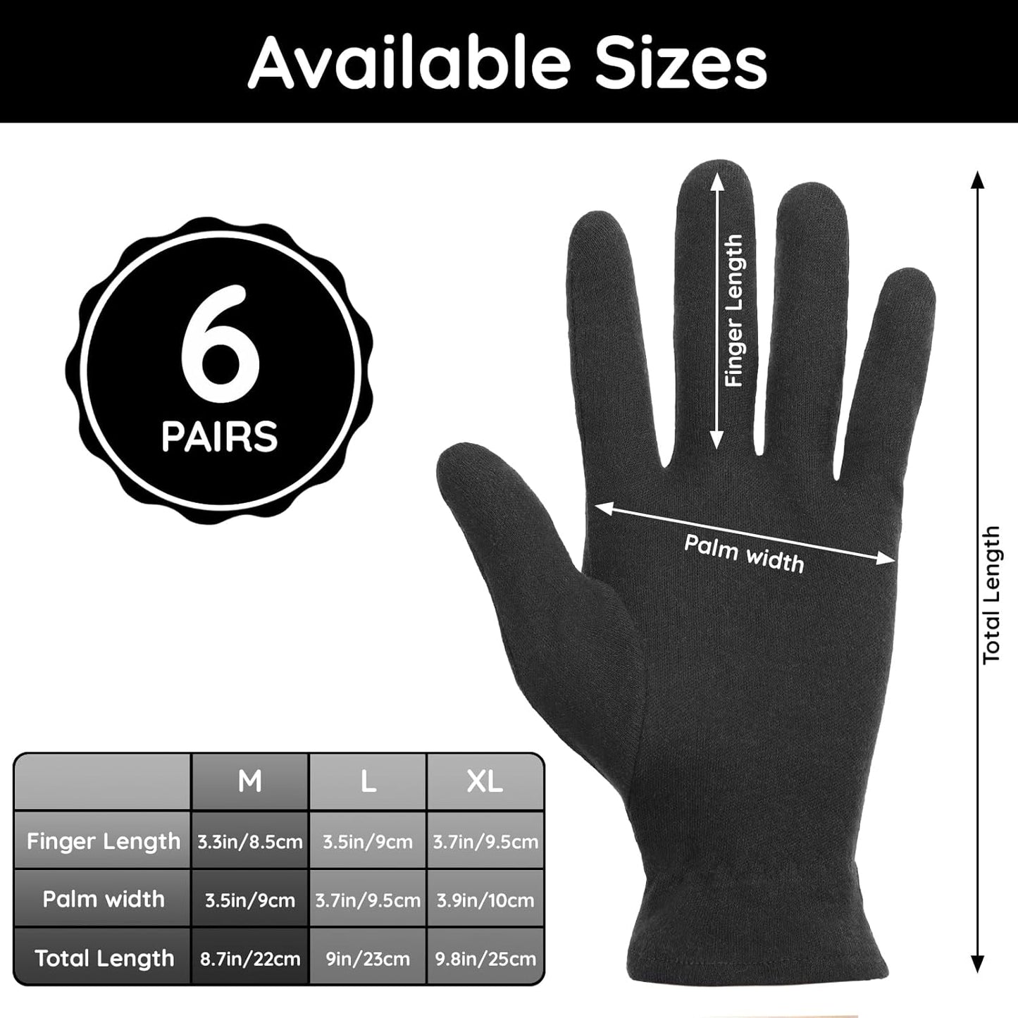 Segbeauty 12 Counts Elastic Black Cotton Gloves for Women, 6 Pairs Sleeping Moisturizing Cotton Gloves for Men with Elastic Band, Hand Spa Moisture Glove for Dry Hands Overnight, Sleep Lotion Glove