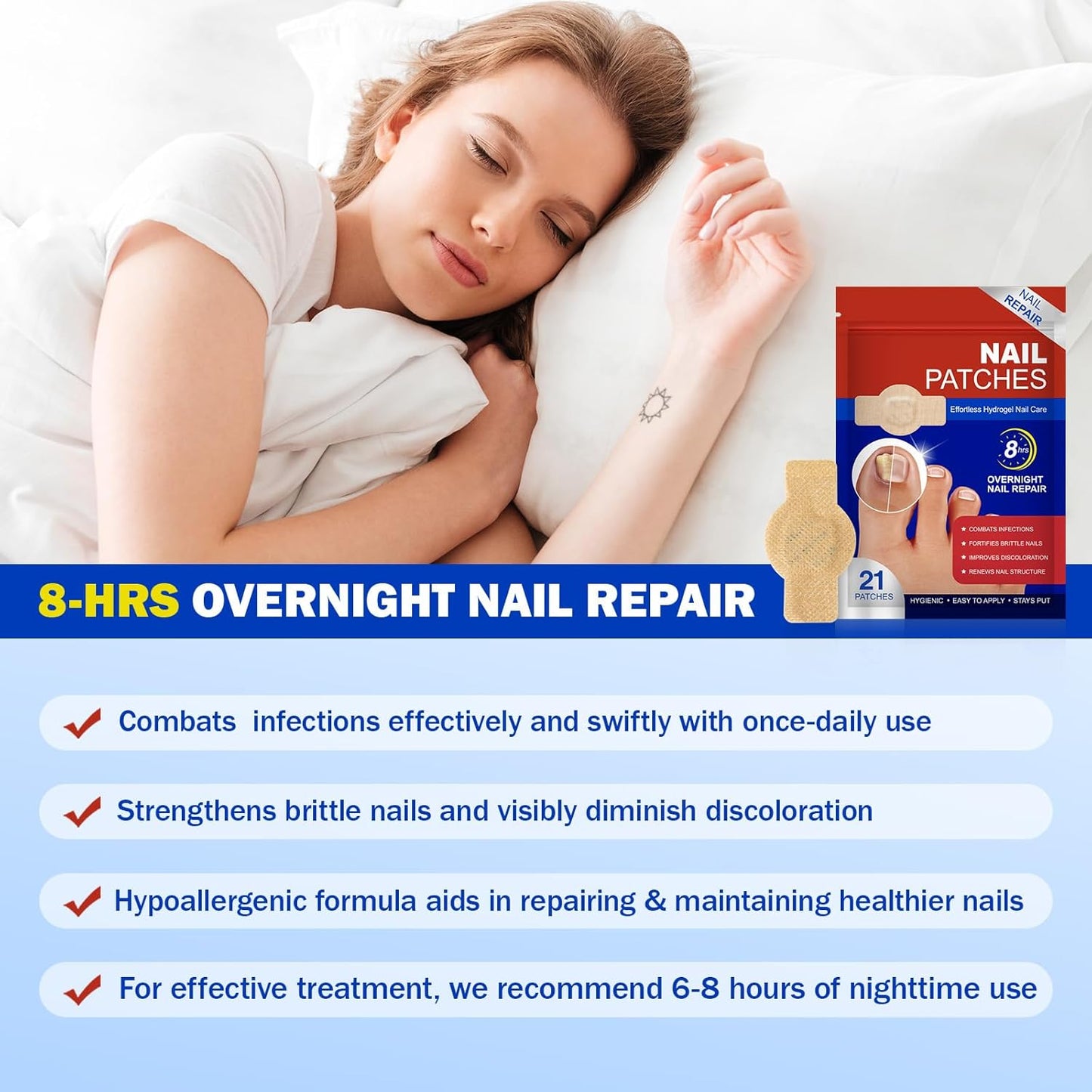 Nail Patches, 21 Pcs Toenail Treatment Extra Strength 8-Hour Overnight Nail Fast Acting Repair for Damaged & Discolored Nails Overnight Renewal Effortless Hydrogel Nail Care for Men and Women