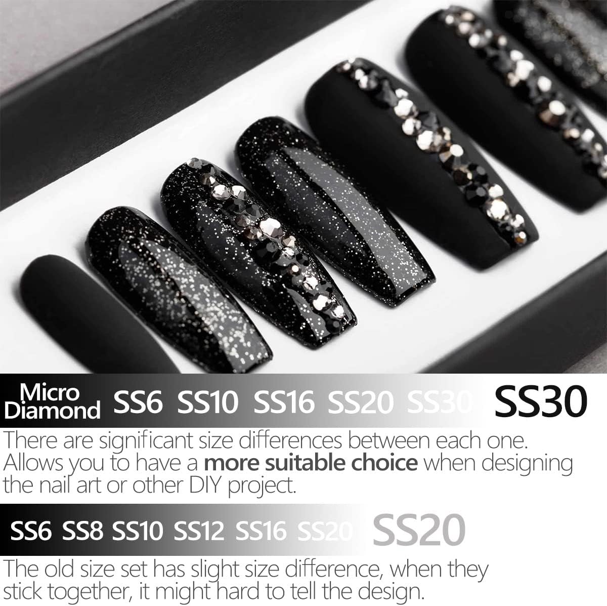 4010pcs Nail Art Rhinestones Black Flatback Rhinestones Nail Charms 6 Sizes (1.6-6.1 mm) Up to SS30 Glass Nail Stones Gems Jewels w Picking Pen, Tweezer for Manicure DIY Craft Eyes Face Makeup