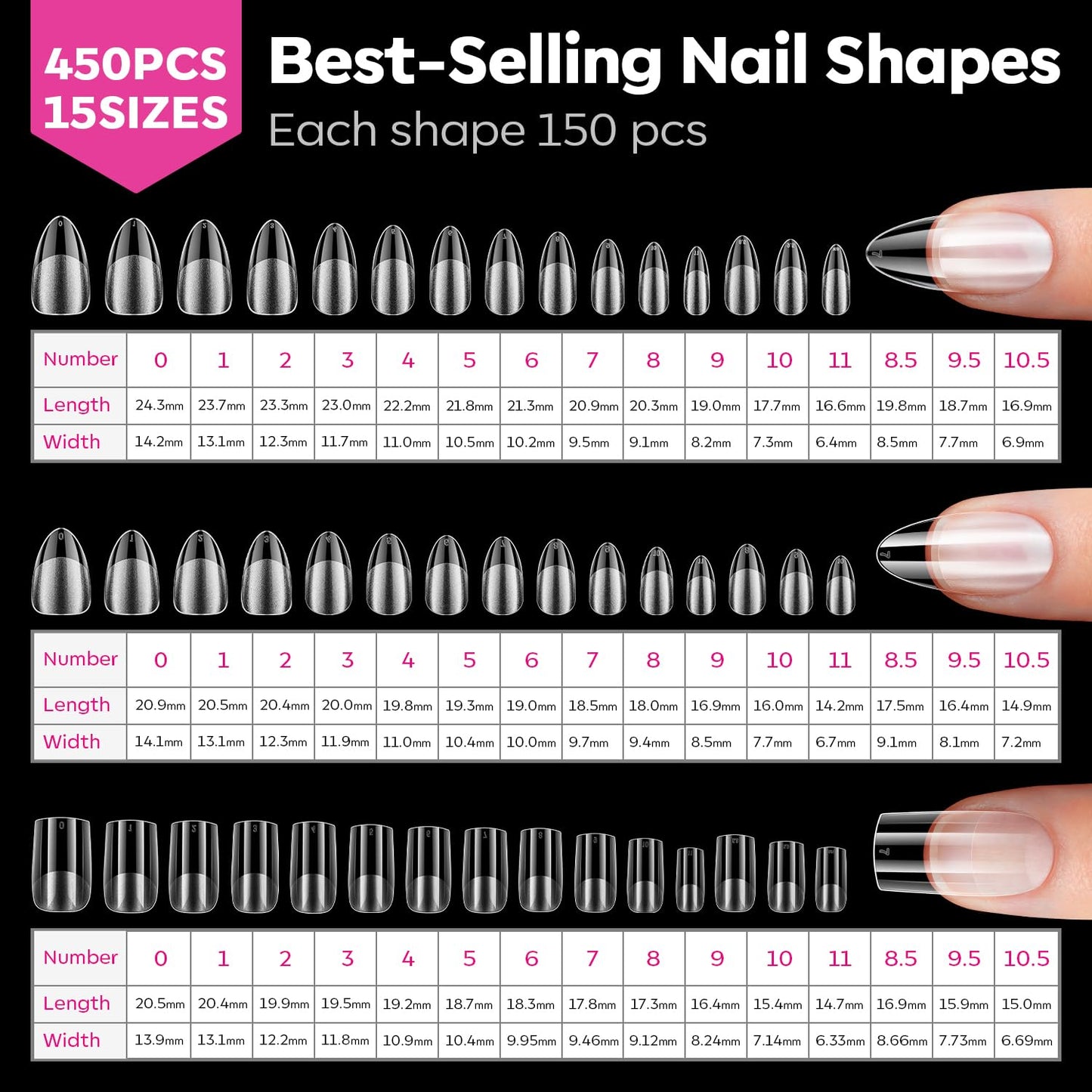 Modelones Medium & Short Almond & Short Square nail tips - Multi-type 3 Styles Set Gel Tips Half Matte Full Cover Clear Acrylic Gel Kit Fake Nails for Extension DIY Salon 450Pcs 15Sizes