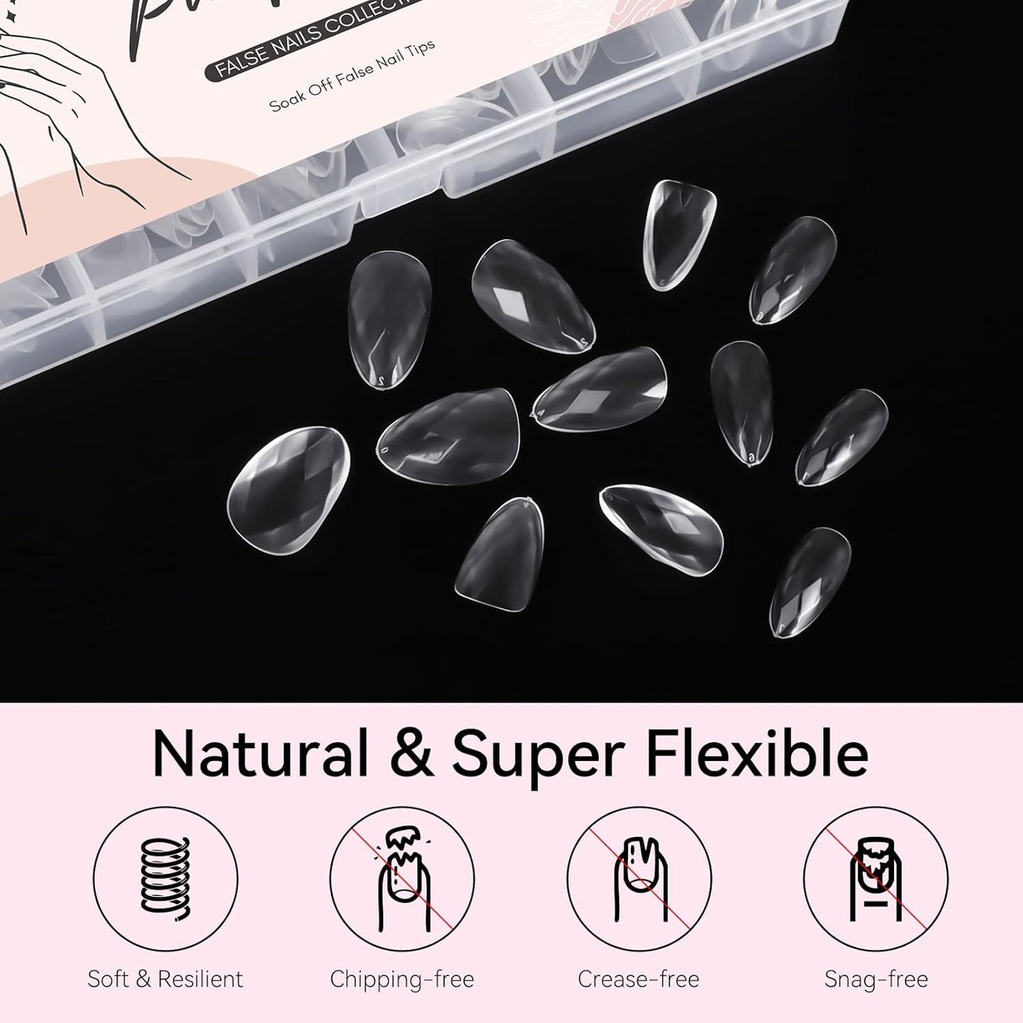 Makartt Short Almond Soft Gel Nail Tips: 120pcs 3D Diamond-Shaped Fake Nails Extension, 12 Sizes Full Cover Clear Press-On Tip, Natural Rhombus Lattice, Suit for Chrome Nail Powder