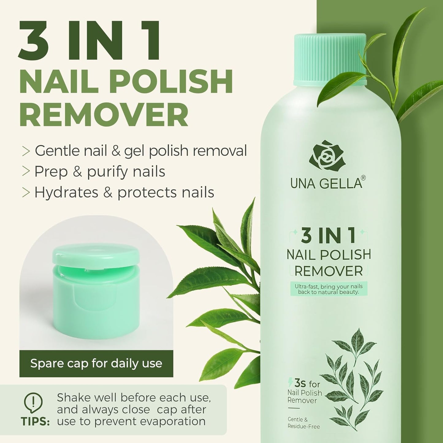UNA GELLA Nail Polish Remover, Soak Off Acetone Polish Remover For Nails With Easy Use Cap, Healthy Formula Works For Nail Glue 8 Fl Oz, Green Tea Scent
