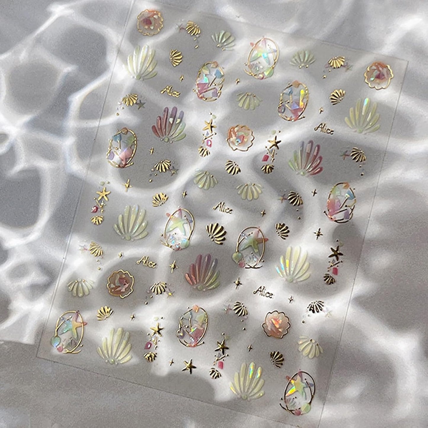 Summer Nail Art Stickers Extra Shiny 5D Self-Adhesive Shell Starfish Nail Decals Gold Star Shell Design Summer Beach Ocean Nail Supplies for Women Manicure Decorations Exquisite Cardboard Set 1 Sheet