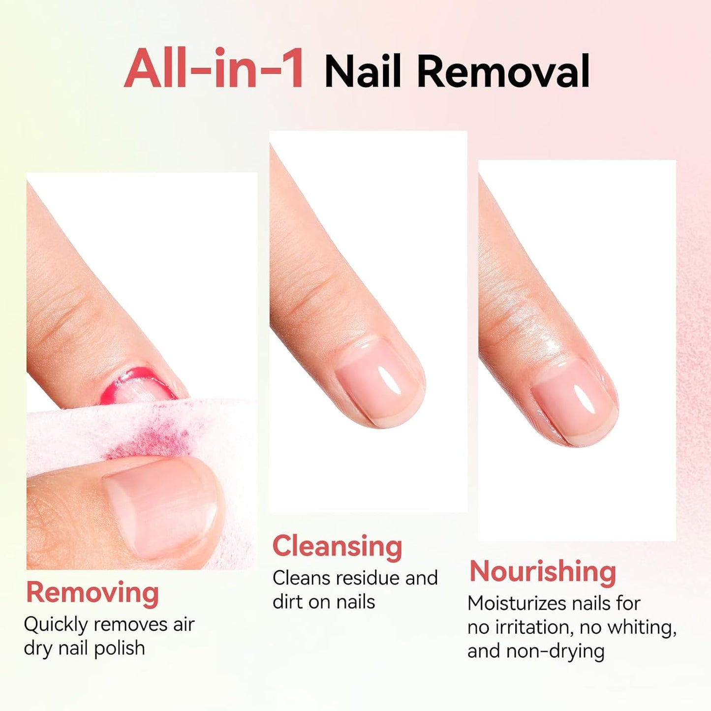 Nail Polish Remover Pads, 140 Pcs Travel Fingernail Polishes Wipes in 4 Boxes, Non-Acetone | 3-5s Quick Removal | VE Moisturing, Lint-free Handy Wipes to Clean Polish, Watermelon Scent
