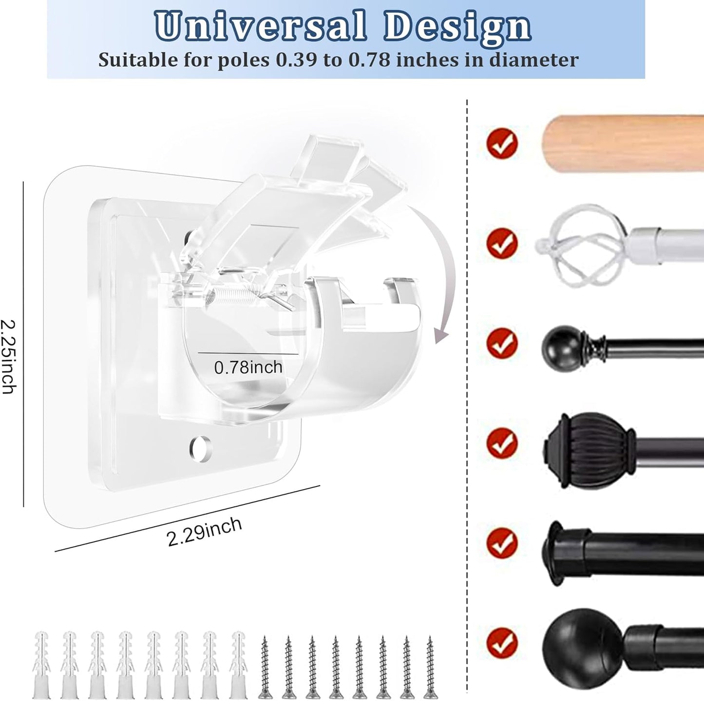 Codoule 2PCS No Drill Curtain Rod Brackets No Drilling Self Adhesive Curtain Rod Holder Hooks Nail Free Adjustable Curtain Rod Hooks Curtain Hangers Bathroom Kitchen Home Bathroom Hotel (Transparent)
